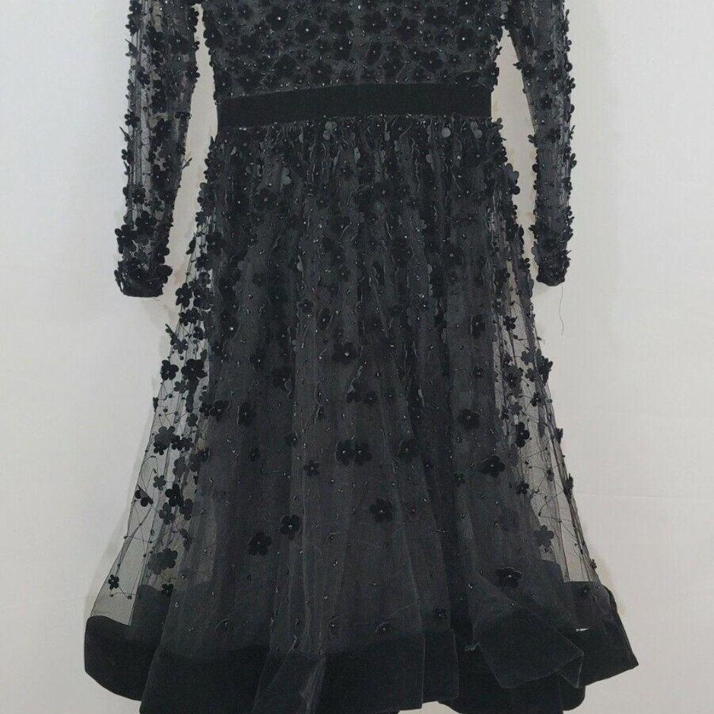 Mac Duggal Long-Sleeve Tea-Length Floral Applique Cocktail Dress Sz 4 - Picture 5 of 6